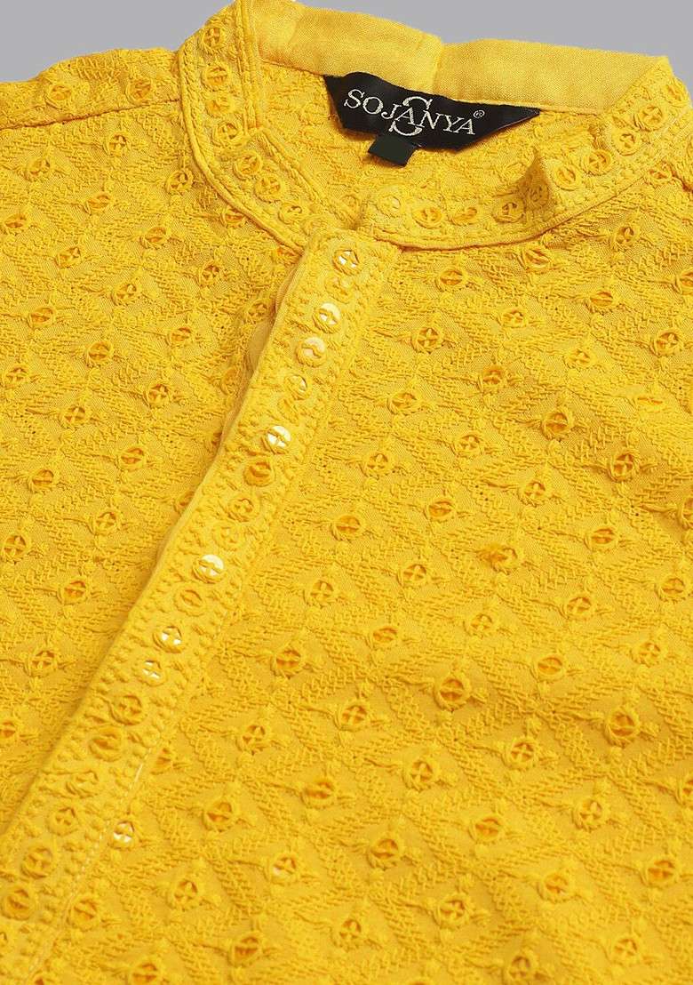 Mustard Embroidered Cotton Kurta Set For Men - Indya