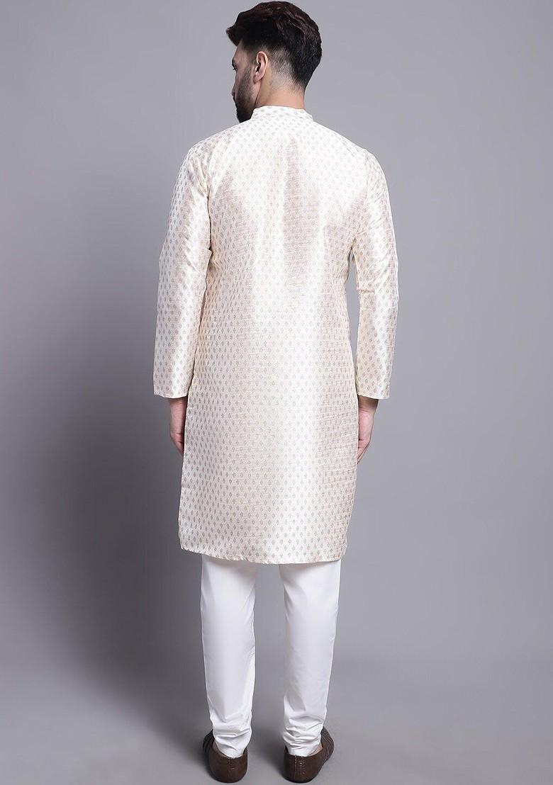 Cream Ethnic Motifs Poly Blend Kurta Set For Men
