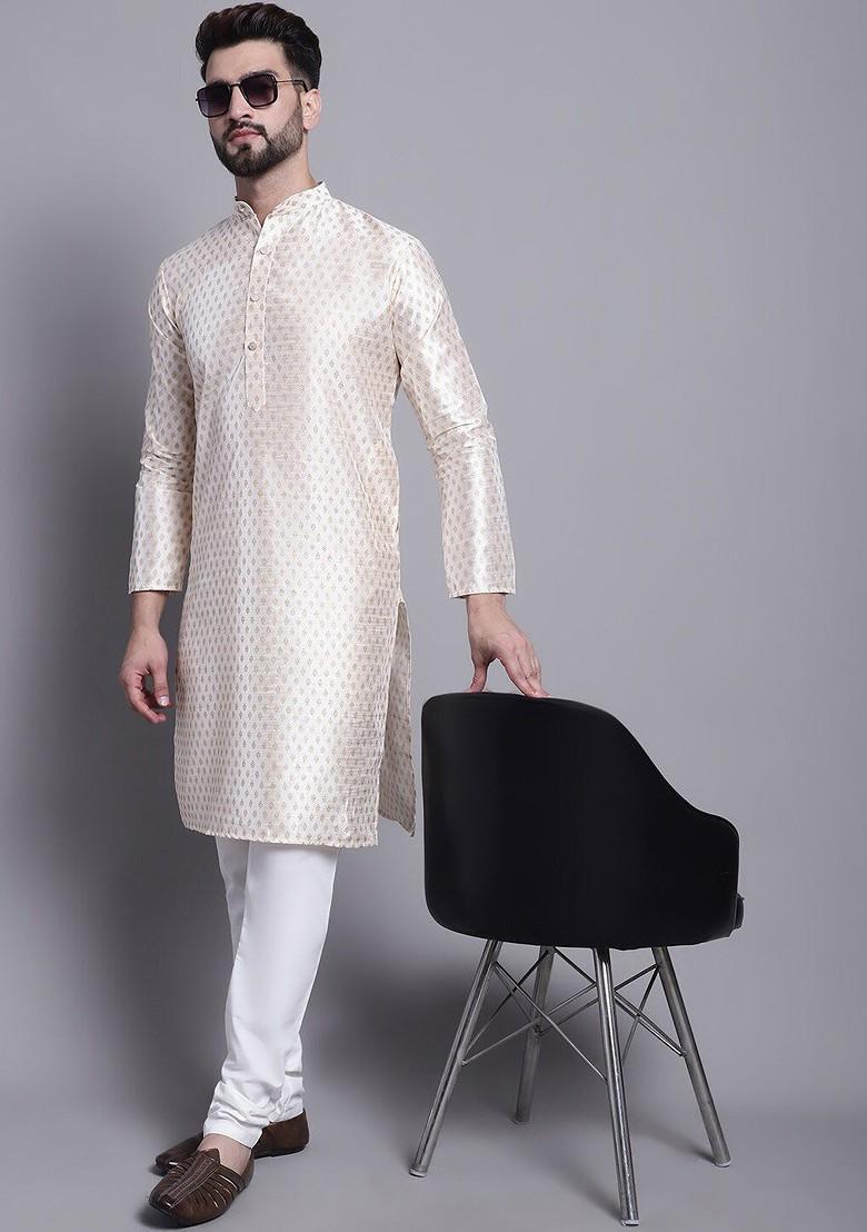 Cream Ethnic Motifs Poly Blend Kurta Set For Men