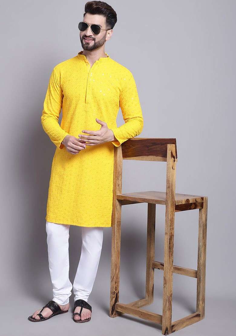 Mustard Embroidered Cotton Kurta Set For Men - Indya