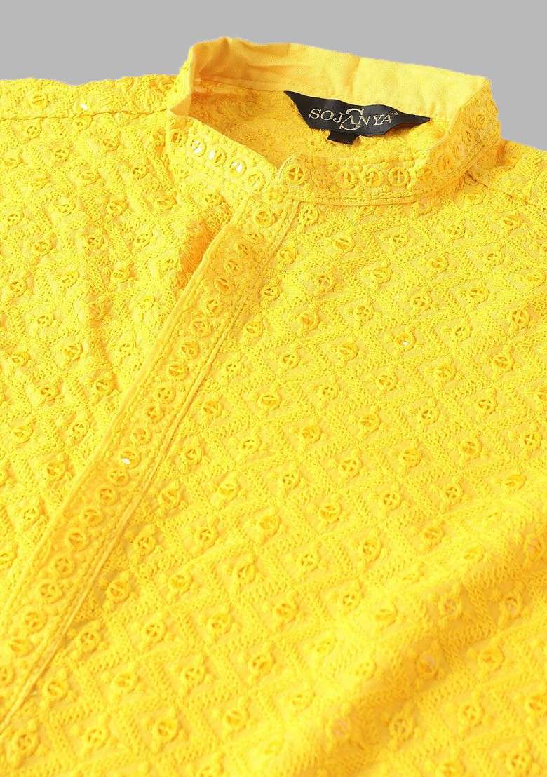 Mustard Embroidered Cotton Kurta Set For Men - Indya