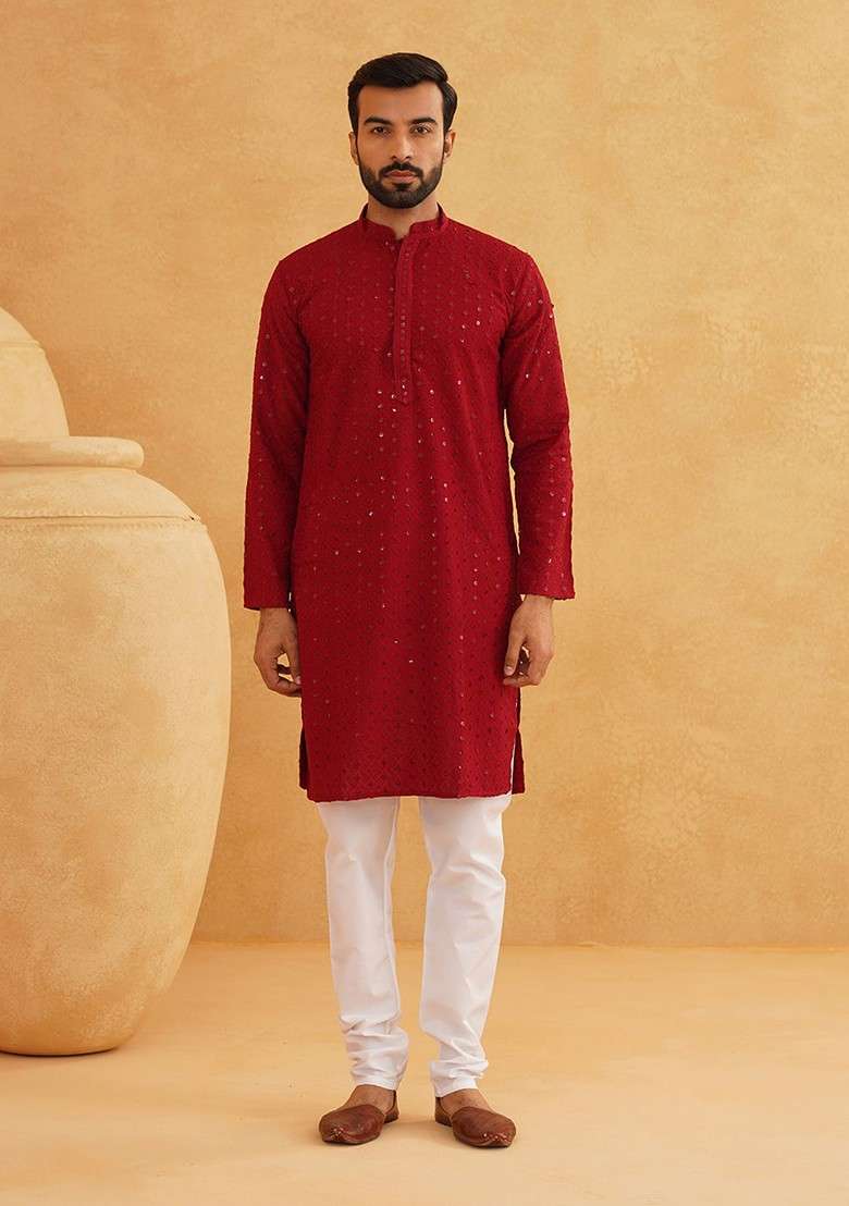 Maroon Embroidered Cotton Kurta Set For Men - Indya