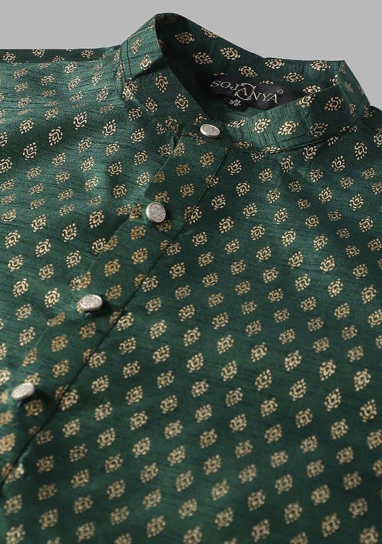 Green Ethnic Motifs Poly Blend Kurta Set For Men