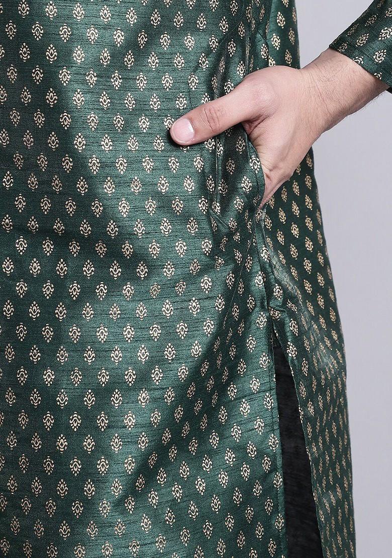 Green Ethnic Motifs Poly Blend Kurta Set For Men