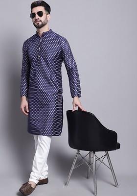 Navy Blue Ethnic Motifs Poly Blend Kurta Set For Men