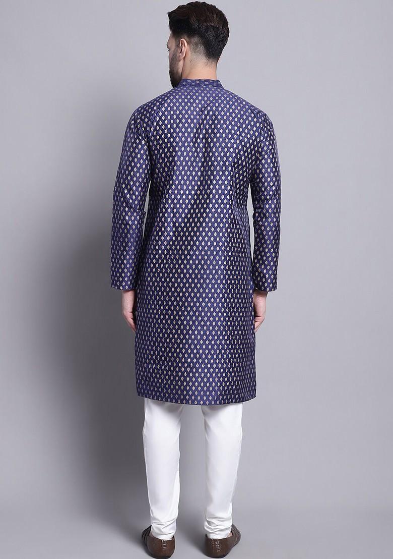 Navy Blue Ethnic Motifs Poly Blend Kurta Set For Men