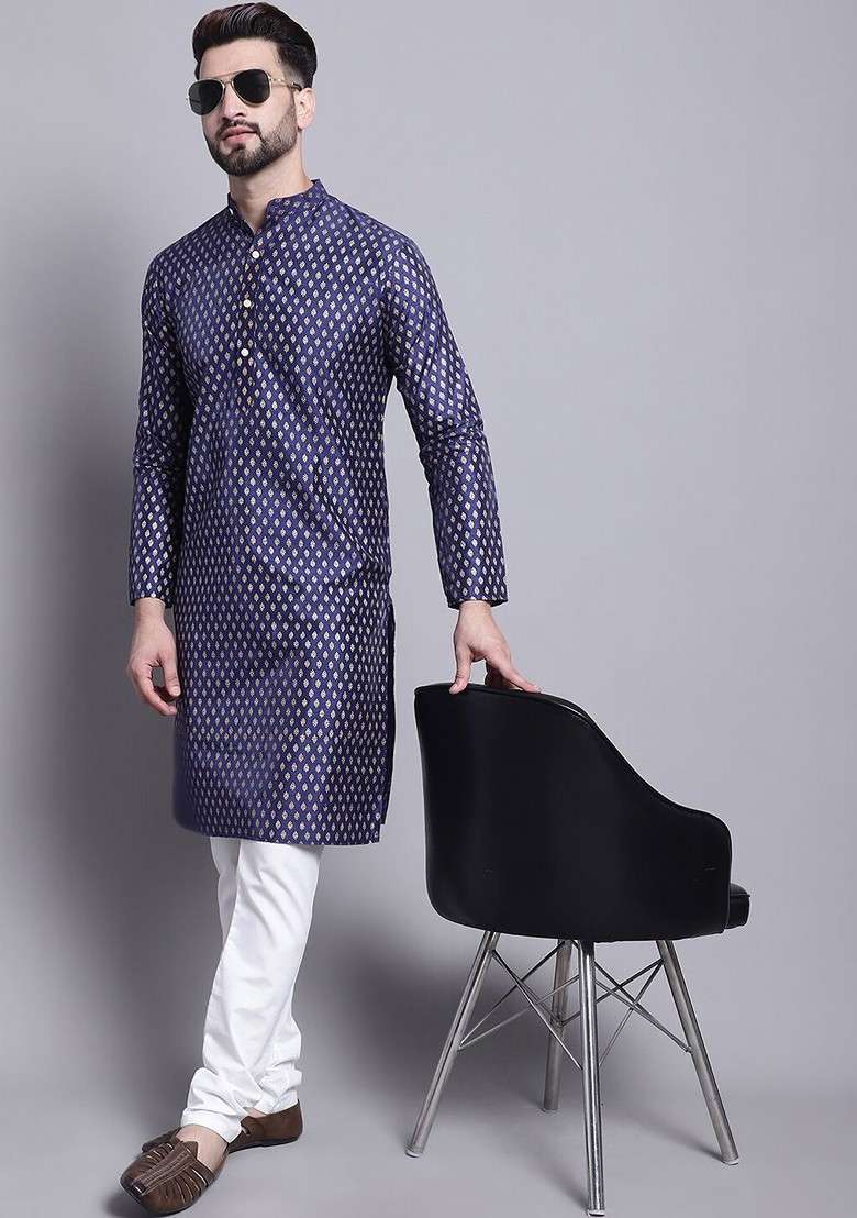 Navy Blue Ethnic Motifs Poly Blend Kurta Set For Men - Indya