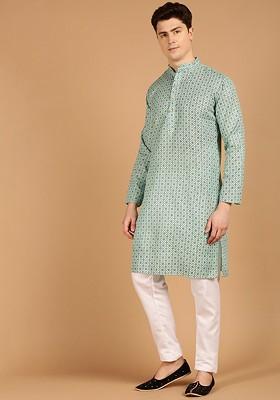 Sea Green Ethnic Motifs Poly Blend Kurta Set For Men