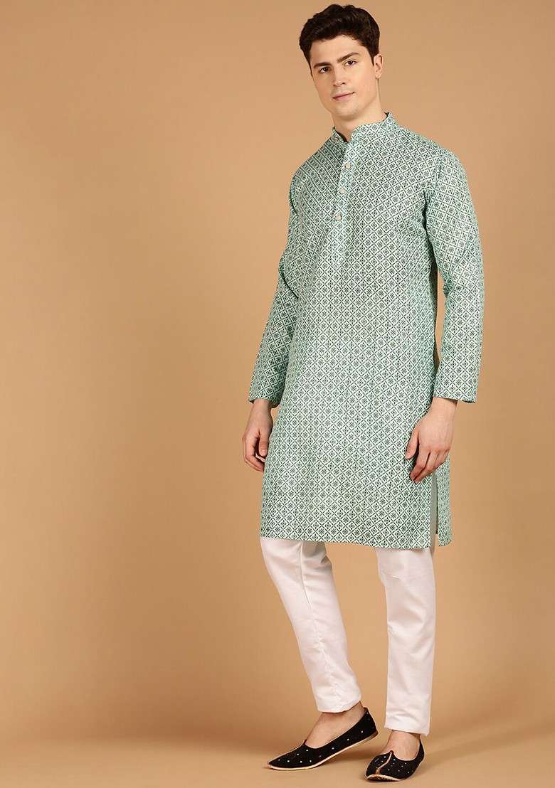 Sea Green Ethnic Motifs Poly Blend Kurta Set For Men - Indya