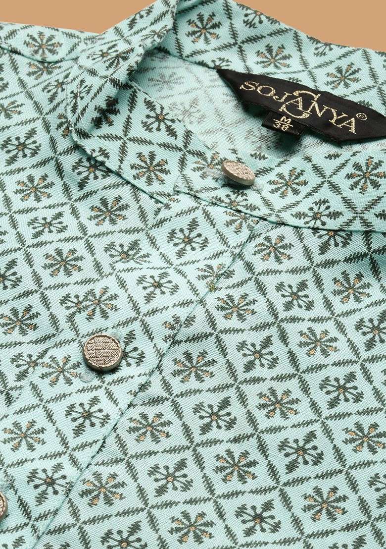 Sea Green Ethnic Motifs Poly Blend Kurta Set For Men - Indya