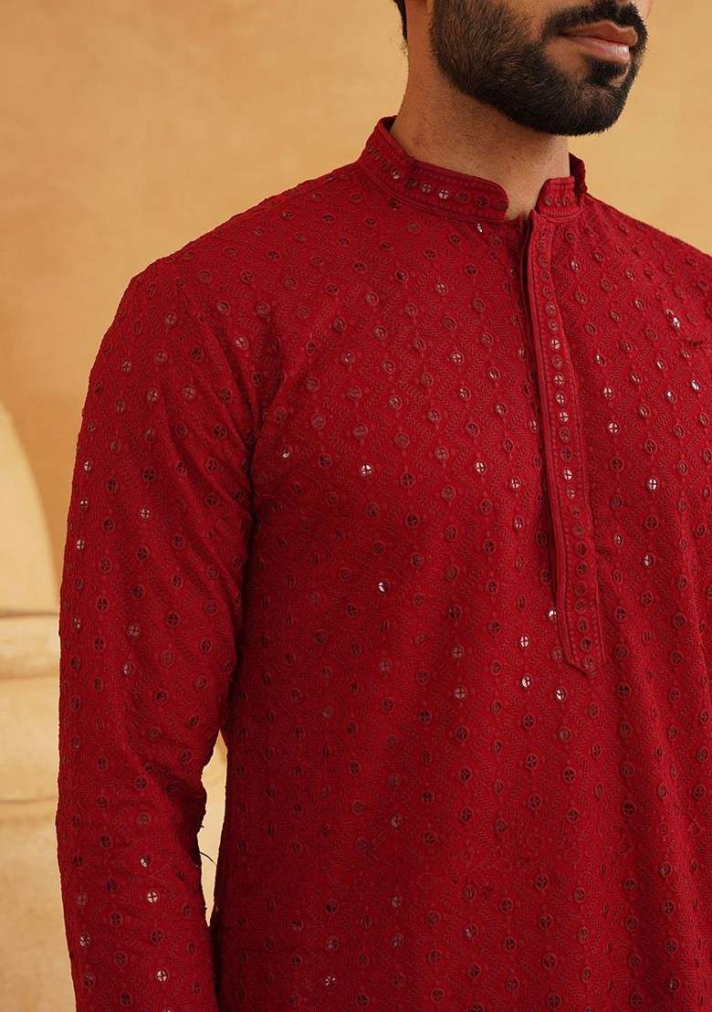 Maroon Embroidered Cotton Kurta Set For Men - Indya