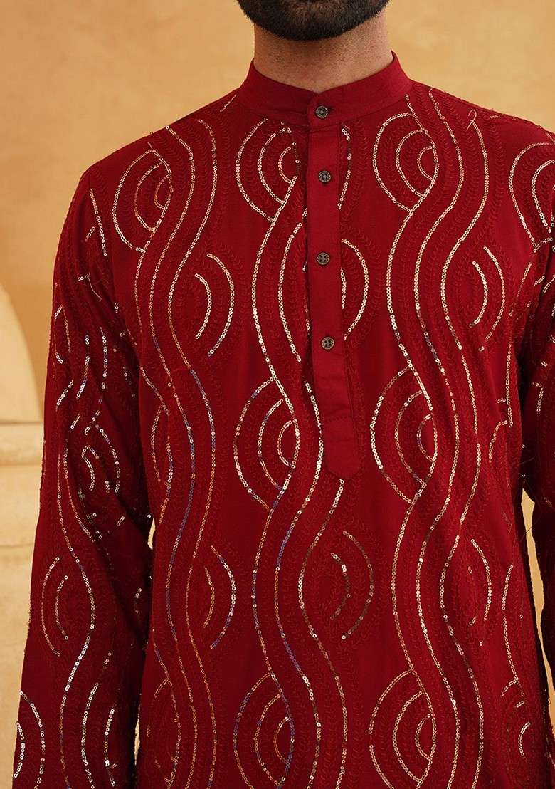 Maroon Embroidered Cotton Kurta Set For Men - Indya
