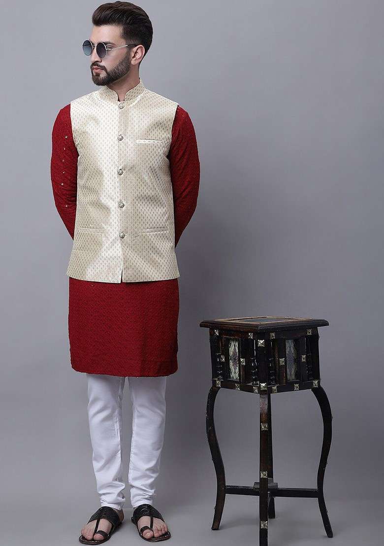 Maroon Embroidered Cotton Kurta Set For Men - Indya