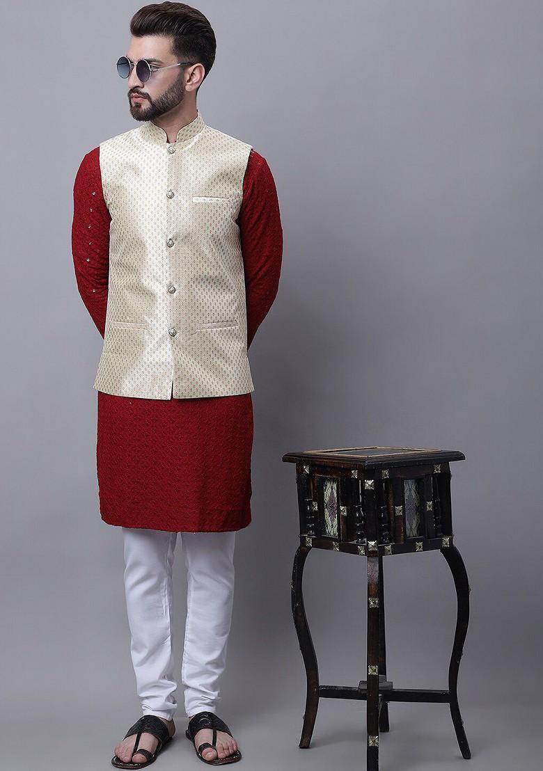 Maroon Embroidered Cotton Kurta Set For Men