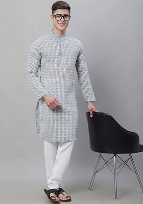 Grey Embroidered Cotton Kurta Set For Men