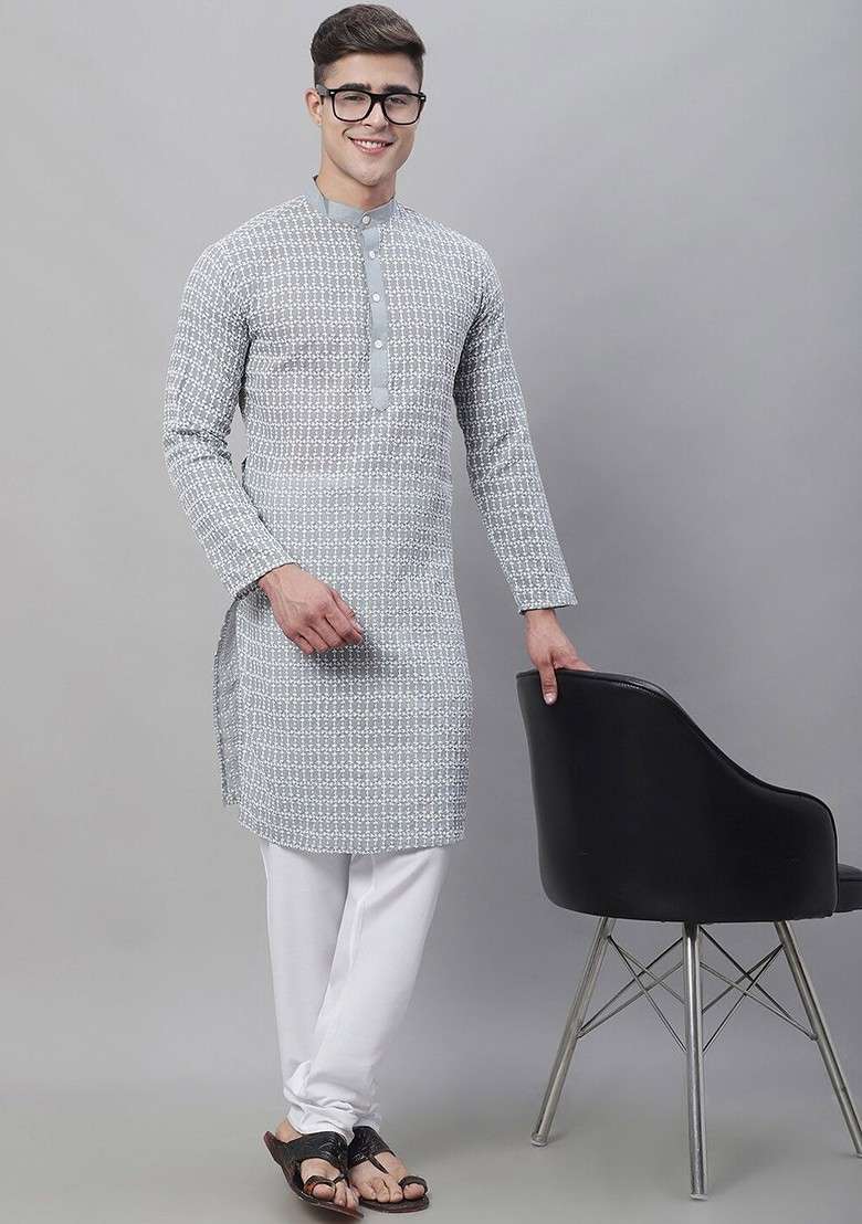 Grey Embroidered Cotton Kurta Set For Men - Indya