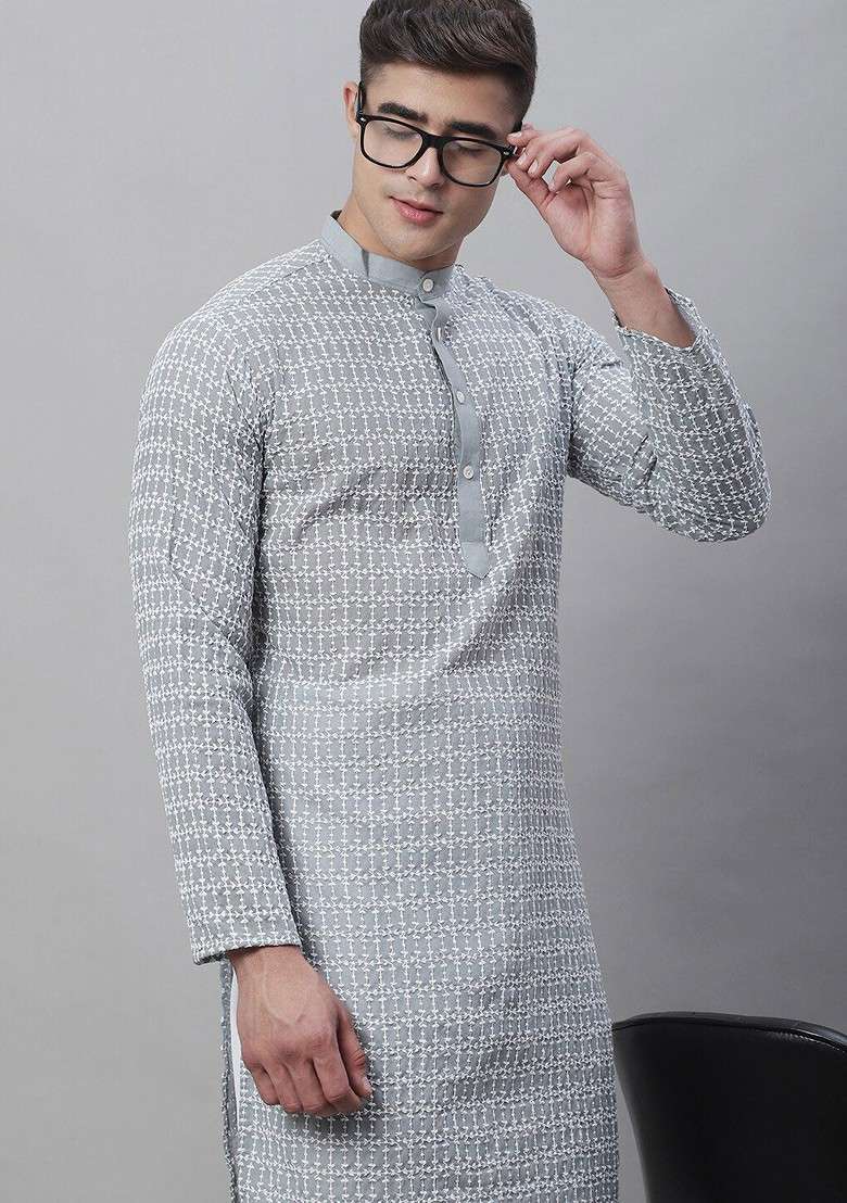 Grey Embroidered Cotton Kurta Set For Men - Indya