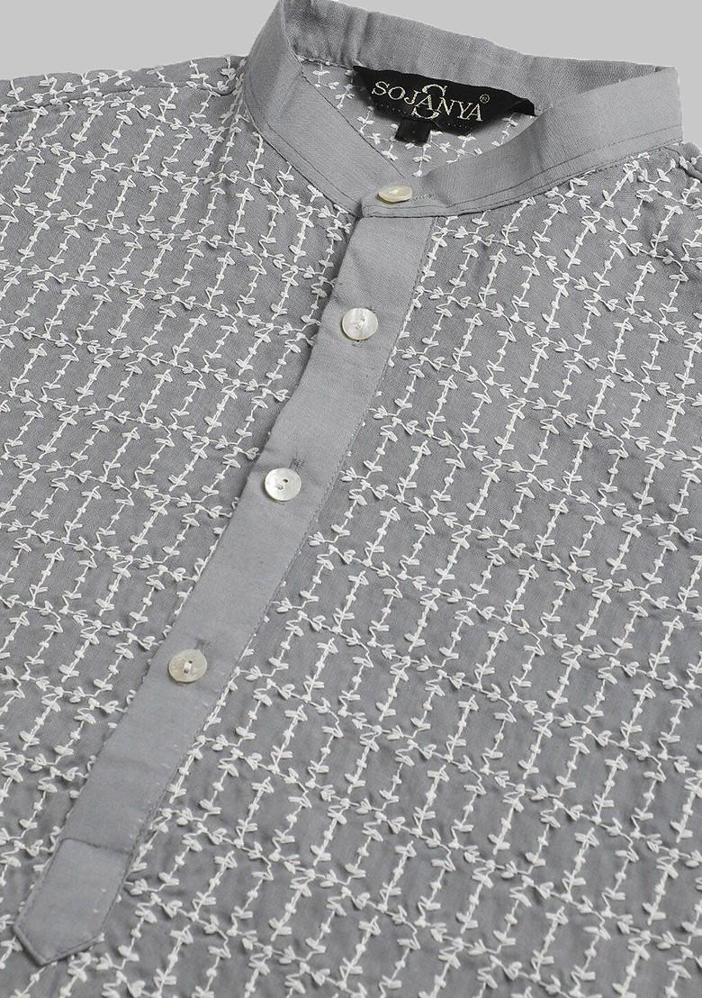 Grey Embroidered Cotton Kurta Set For Men