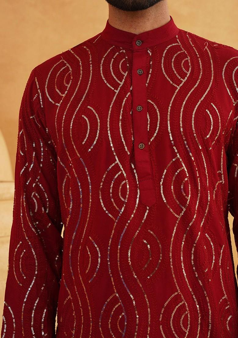 Maroon Sequin Work Cotton Kurta Set For Men