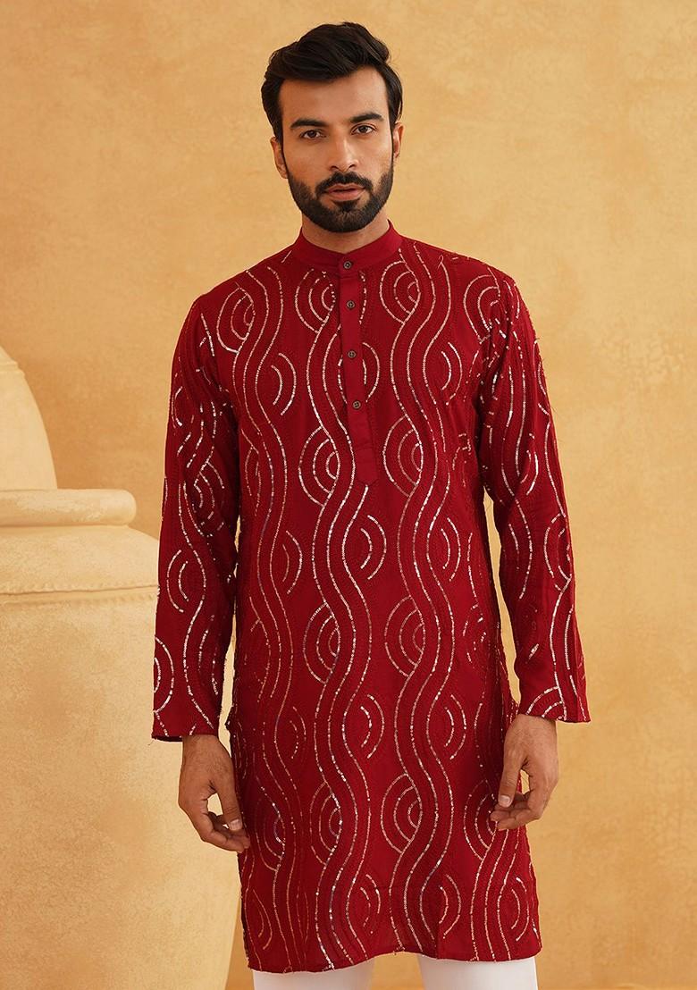 Maroon Sequin Work Cotton Kurta Set For Men
