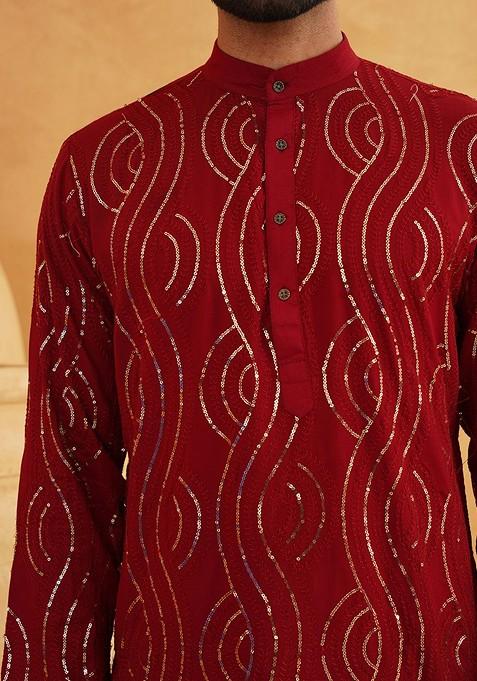 Maroon Sequin Work Cotton Kurta Set For Men