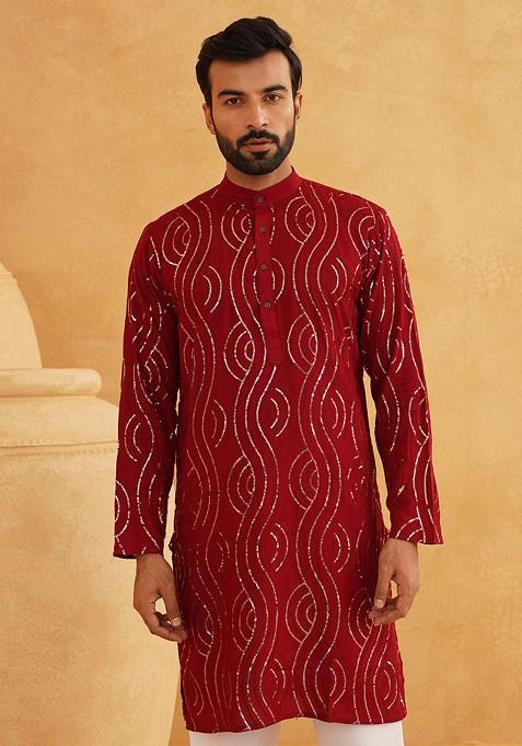 Maroon Sequin Work Cotton Kurta Set For Men