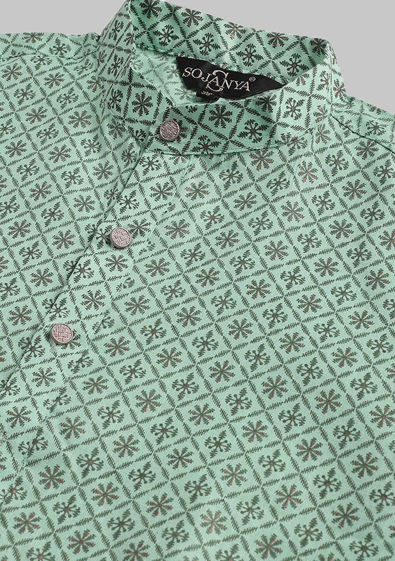 Sea Green Ethnic Motifs Poly Blend Kurta Set For Men