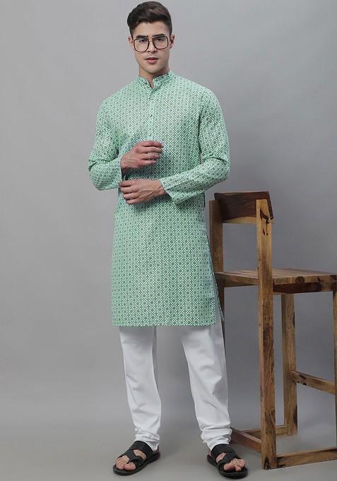Sea Green Ethnic Motifs Poly Blend Kurta Set For Men