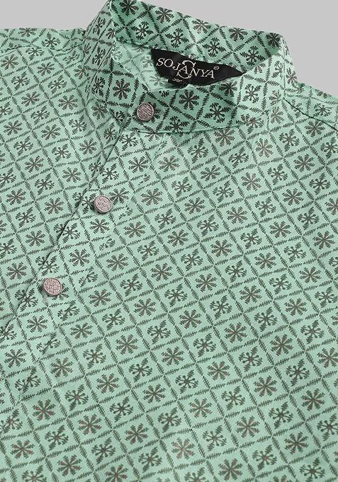 Sea Green Ethnic Motifs Poly Blend Kurta Set For Men