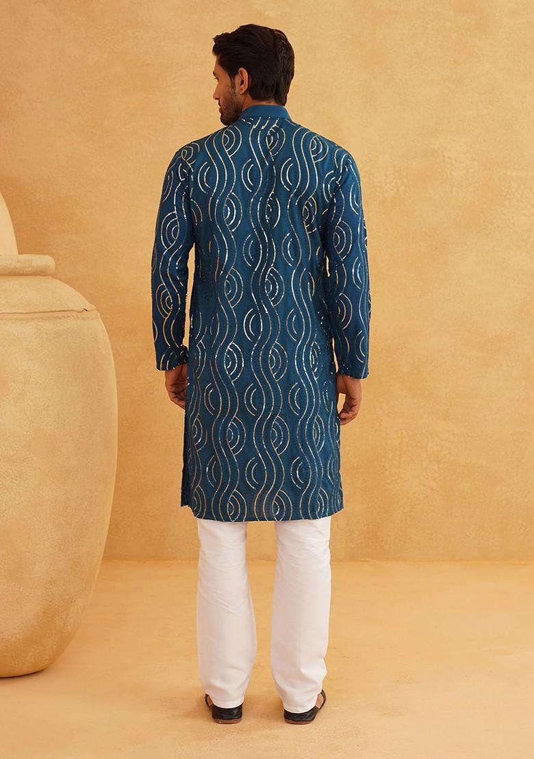Teal Blue Solid Cotton Kurta Set For Men