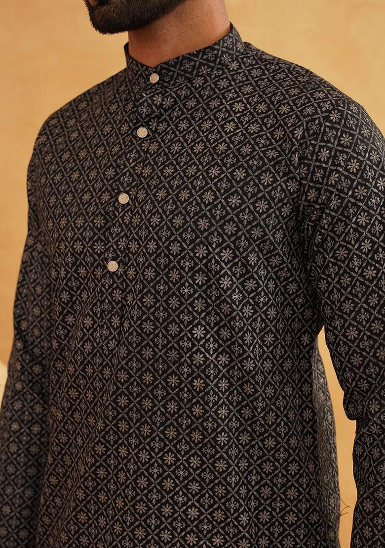 Black Printed Cotton Kurta Set For Men