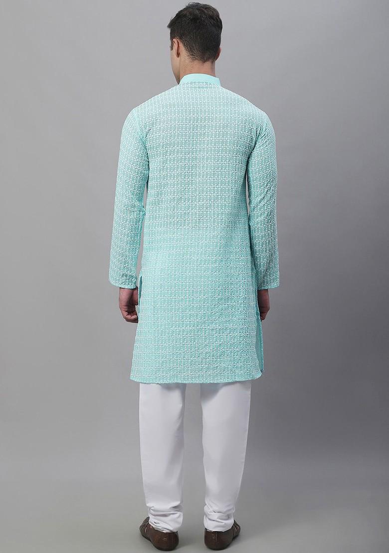 Blue Thread Work Cotton Kurta Set For Men