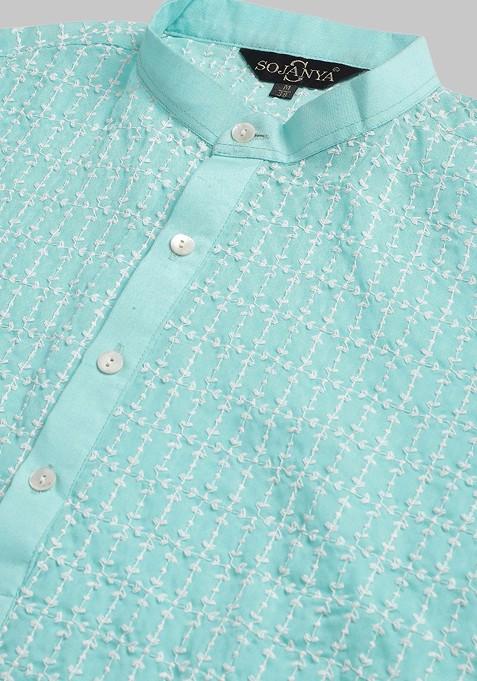 Blue Thread Work Cotton Kurta Set For Men