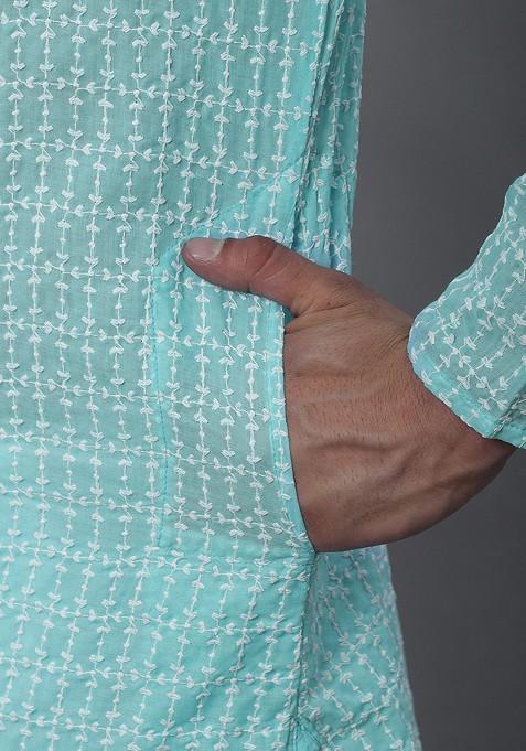 Blue Thread Work Cotton Kurta Set For Men