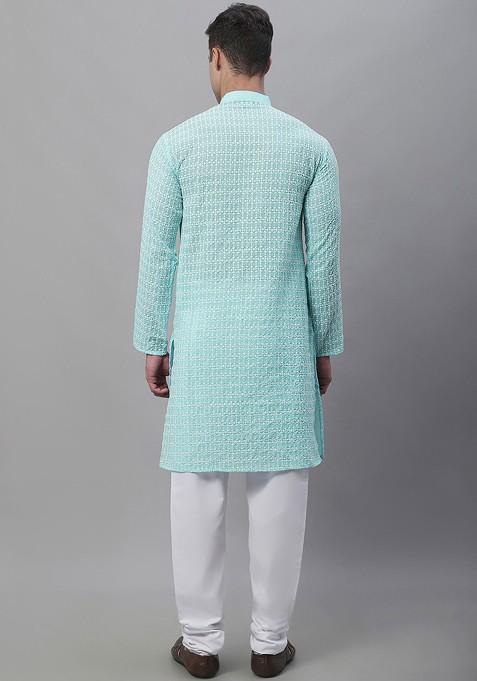 Blue Thread Work Cotton Kurta Set For Men