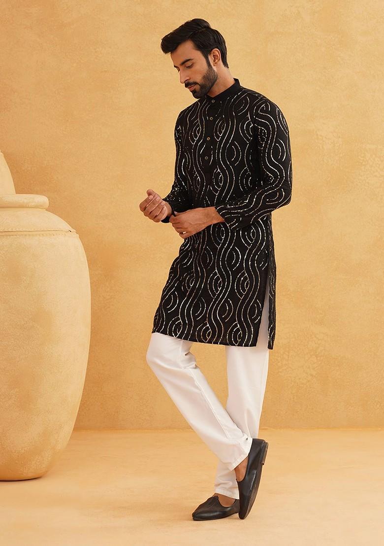 Black Embroidered Cotton Kurta Set For Men