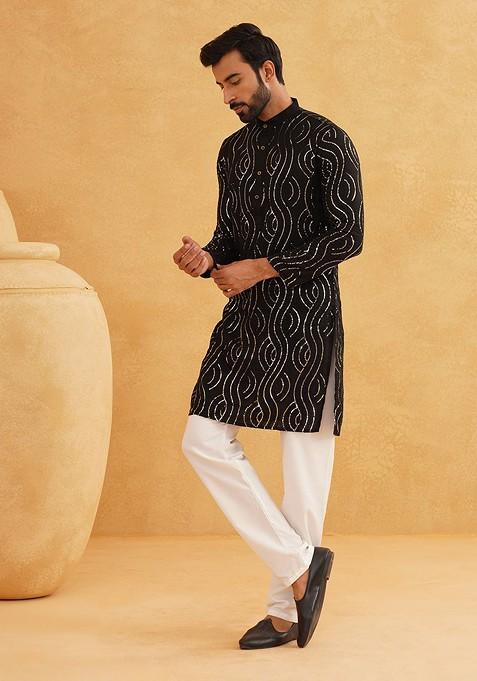 Black Embroidered Cotton Kurta Set For Men