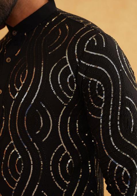 Black Embroidered Cotton Kurta Set For Men