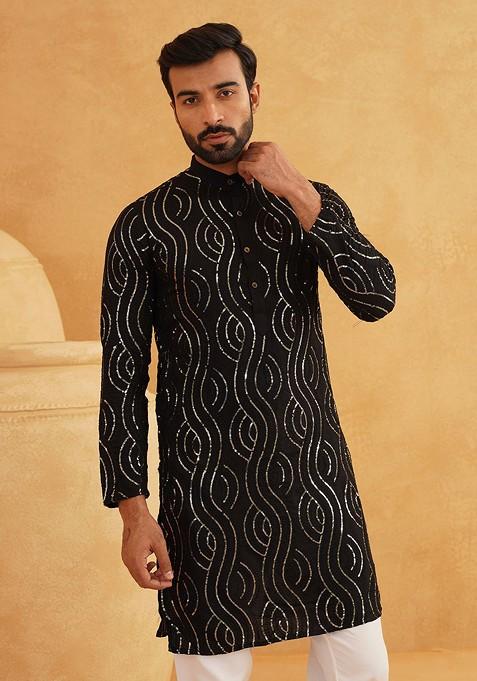 Black Embroidered Cotton Kurta Set For Men