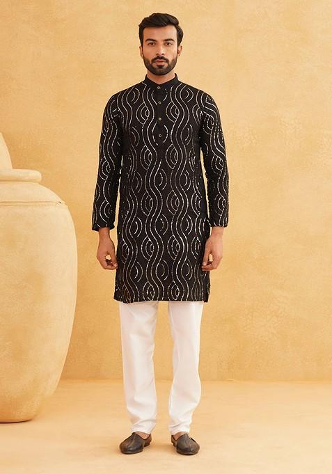 Black Embroidered Cotton Kurta Set For Men