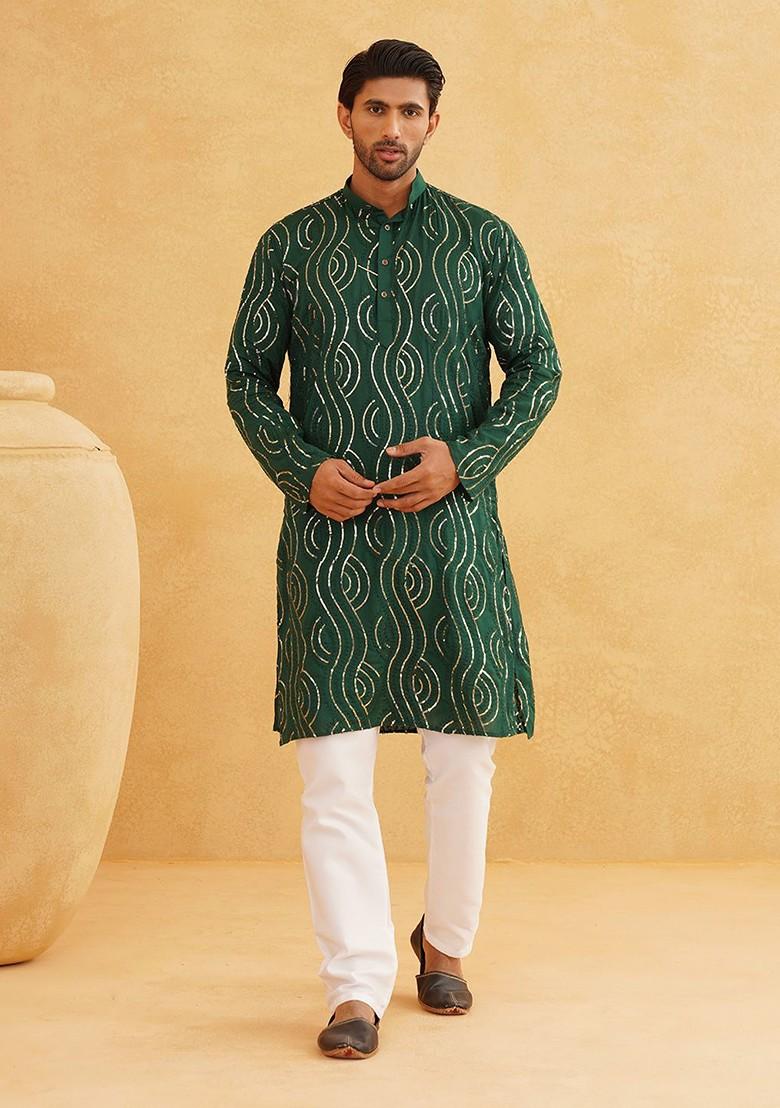 Green Embroidered Cotton Kurta Set For Men