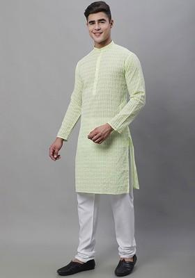 Green Thread Work Cotton Kurta Set For Men