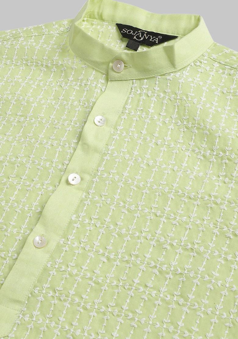 Green Thread Work Cotton Kurta Set For Men