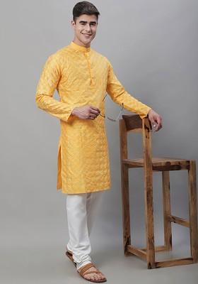 Mustard Thread Work Cotton Kurta Set For Men