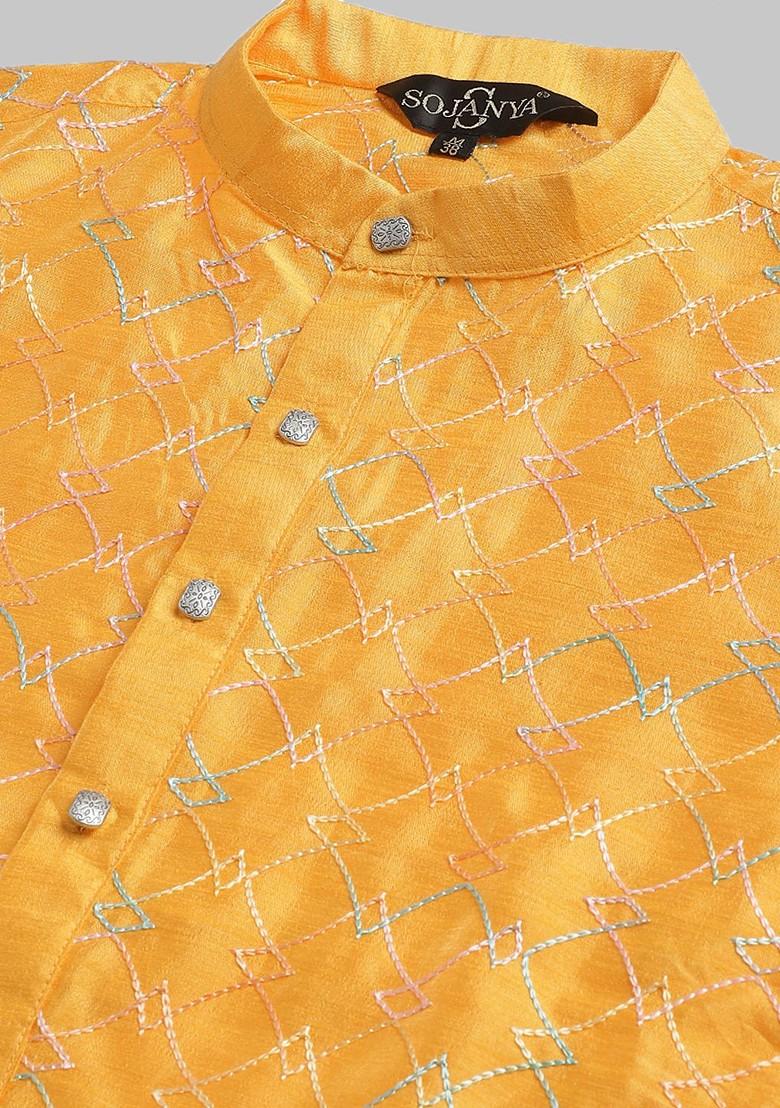 Mustard Thread Work Cotton Kurta Set For Men