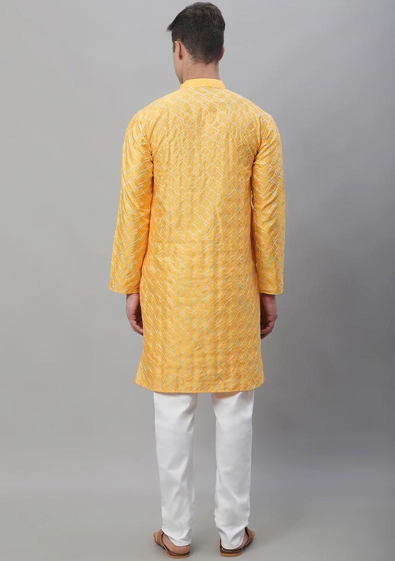 Mustard Thread Work Cotton Kurta Set For Men
