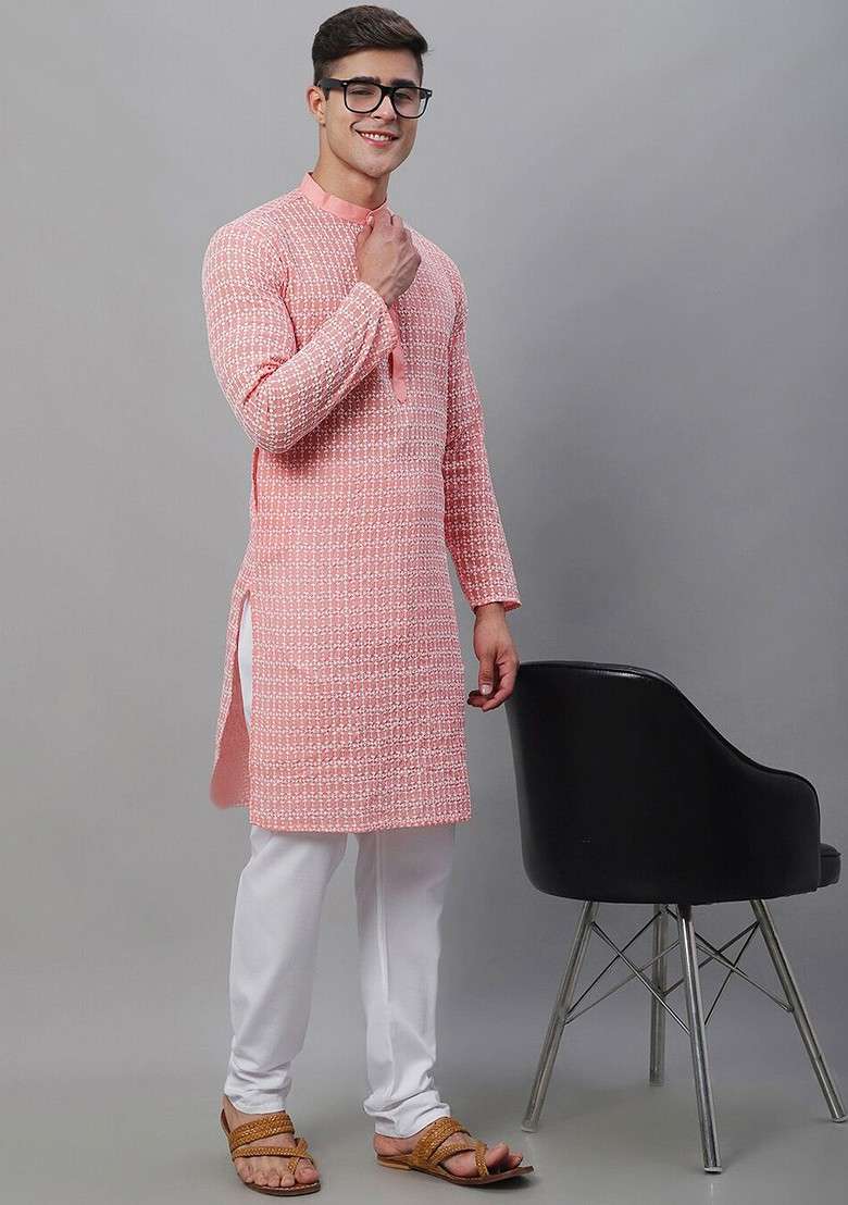 Peach Thread Work Cotton Kurta Set For Men - Indya