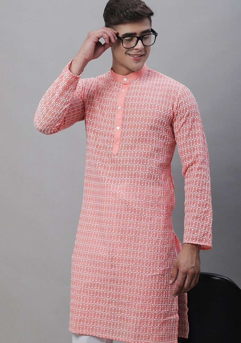 Peach Thread Work Cotton Kurta Set For Men - Indya