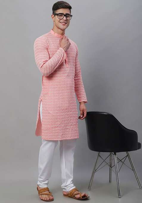 Peach Thread Work Cotton Kurta Set For Men