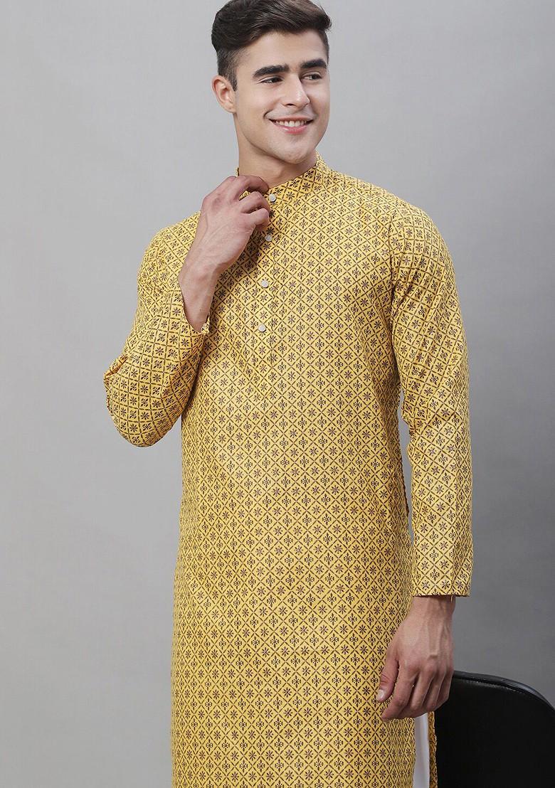 Mustard Ethnic Motifs Cotton Kurta Set For Men
